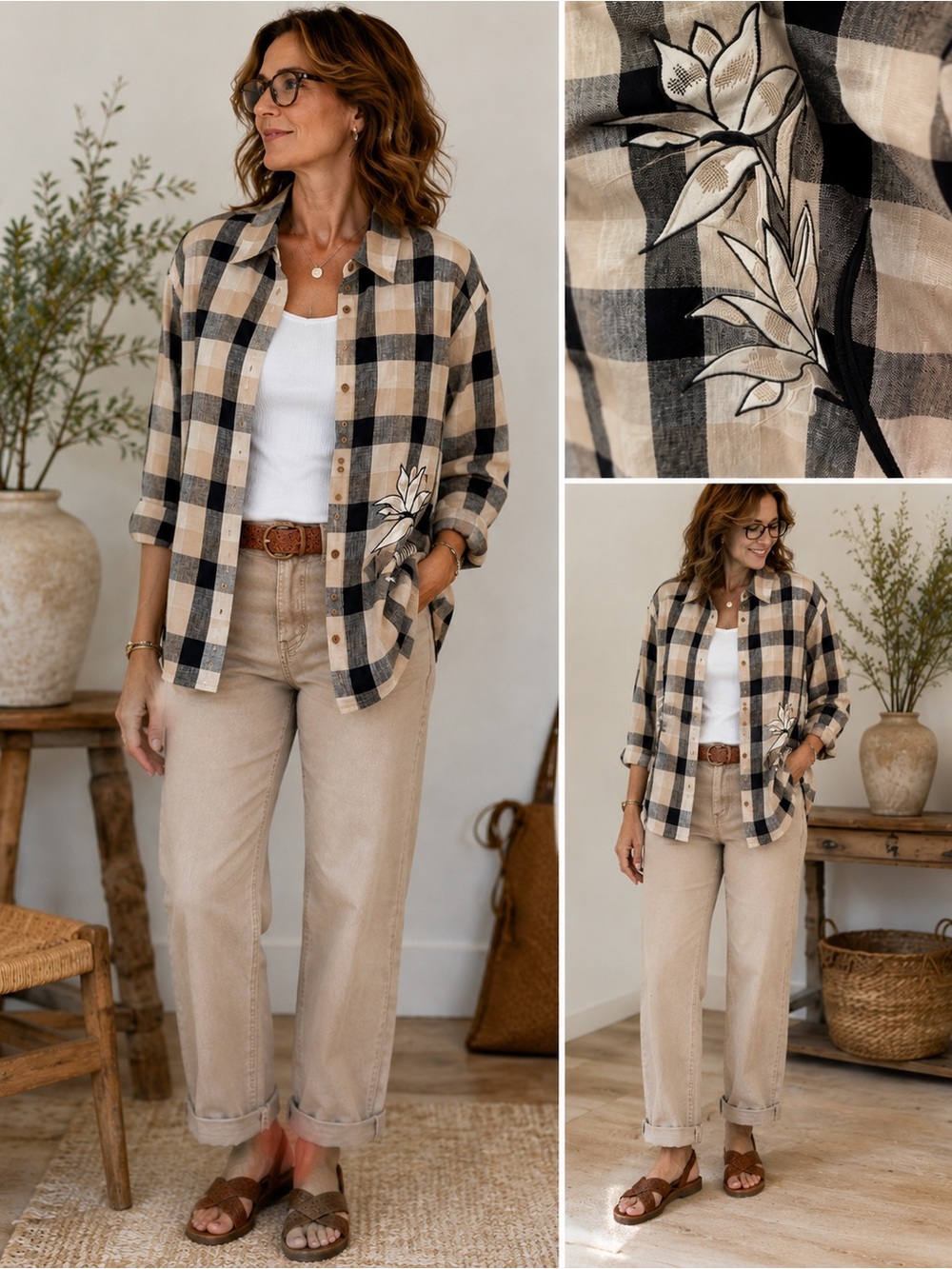Linen Plaid Embroidered Button Front Shirt | Oversized Neutral Check | XL